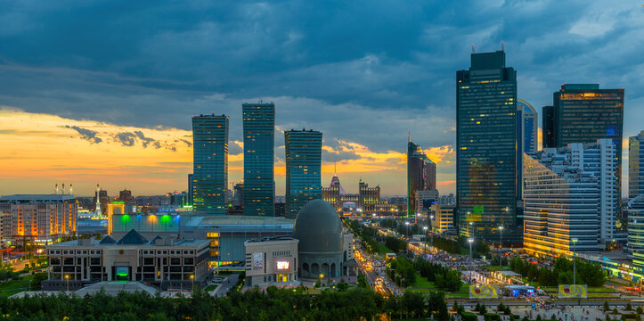 Astana. Kasakhstan 06.17.2017. The central part of the capital of Kazakhstan - the city of Astana on a  summer twilight