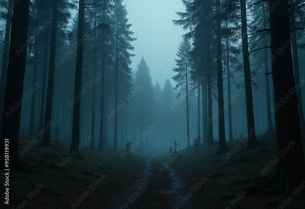 Poster A surreal forest clearing at twilight with towering trees