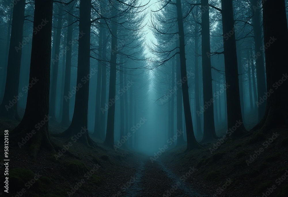 Poster a surreal forest clearing at twilight with towering trees