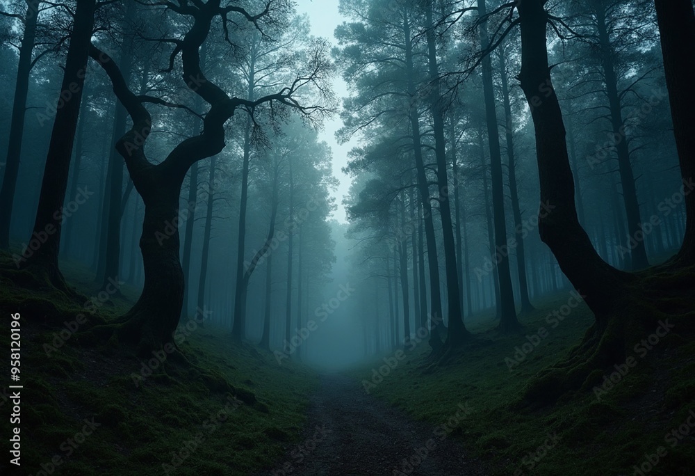 Poster a surreal forest clearing at twilight with towering trees