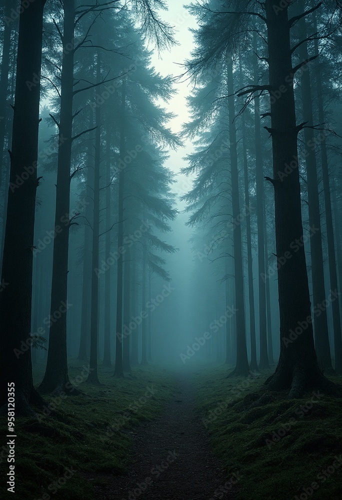 Poster a surreal forest clearing at twilight with towering trees