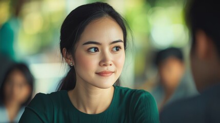 Dark-haired woman wearing olive green blouse and beige trousers speaks in a contemporary office to her colleagues, among them a man with glasses wearing a white shirt and a bearded man with glasses.