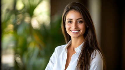 The scene depicts a businesswoman in a white blouse and navy skirt, escorting a colleague in a well-lit, modern office. Her smile embodies a successful meeting, and the background reflects that as