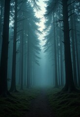 Fototapeta premium A surreal forest clearing at twilight with towering trees
