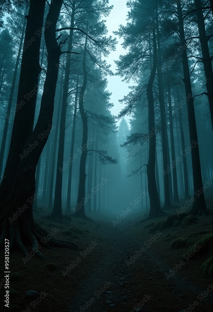 Poster a surreal forest clearing at twilight with towering trees