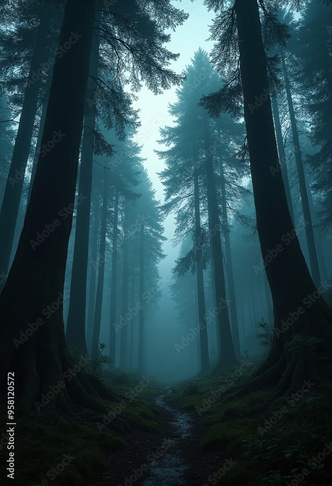 Poster A surreal forest clearing at twilight with towering trees