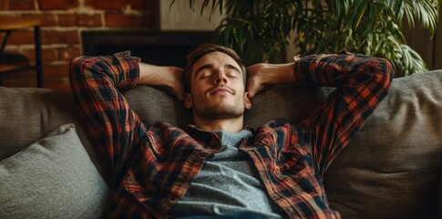 Obraz premium In the image, a person lying in a relaxed position on a sofa with closed eyes could be resting or meditating