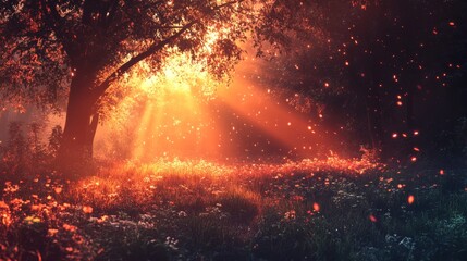 An afternoon sunset over a quiet forest, with soft glow illuminating soft grass 32K, Ultra HD, High Resolution