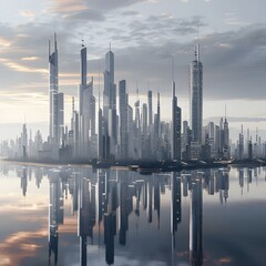 Fototapeta premium A city skyline is reflected in the water - generative AI