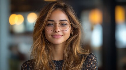 Obraz premium Hispanic young woman cheerfully organizing files in a tidy, well-decorated office space