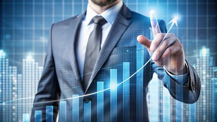  Businessman touch graph growth of business modern virtual interface, digital marketing and technology, half body, business background only hand