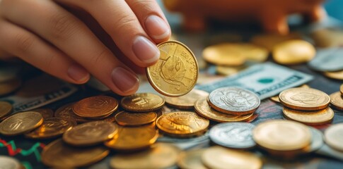 Graph of stock market graphs with a hand holding coins, representing financial flexibility