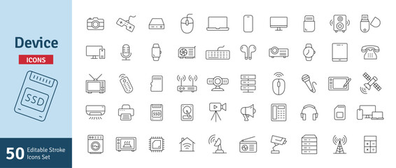 Device and Technology Line Editable Stroke Icons Set. Smart Device, Laptop PC Computer CCTV Smartphone TV Mouse Keyboard Storage Collection Vector Illustration.