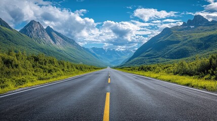 Fototapeta premium Scenic Mountain Road with Lush Greenery and Majestic Peaks Under a Clear Blue Sky