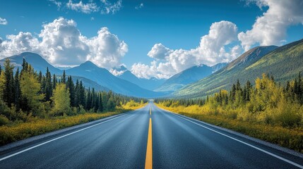 Scenic Highway Through Majestic Mountain Landscape with Lush Forests and Blue Sky on a Sunny Day