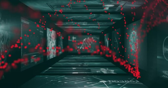 Red particles and scientific data processing animation over futuristic corridor