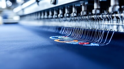 A busy workshop filled with fabrics is home to an embroidery machine, which stitches vibrant designs onto caps.