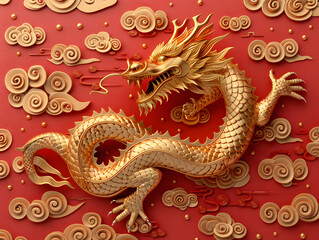 Fototapeta premium Golden Dragon on red background 