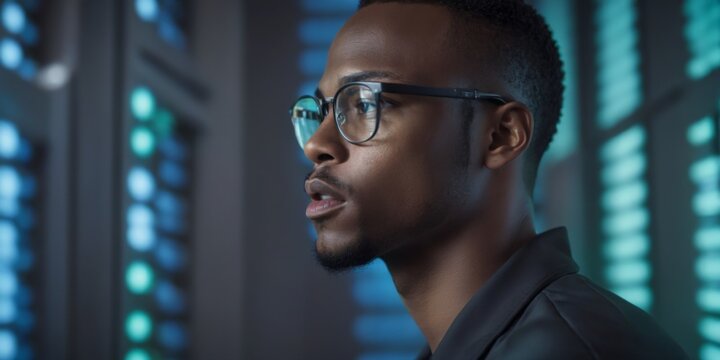 Serious young African-American man in glasses and black shirt st