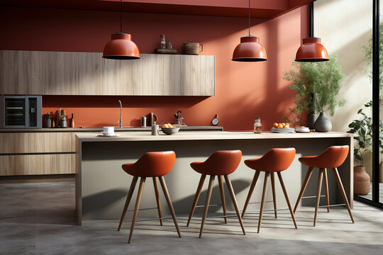 Modern kitchen with warm terracotta accents, light wooden cabinetry, and a central island with matching terracotta chairs, illuminated by natural light.