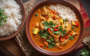 Creamy orange bowl of soup with meat and vegetables on wooden ta