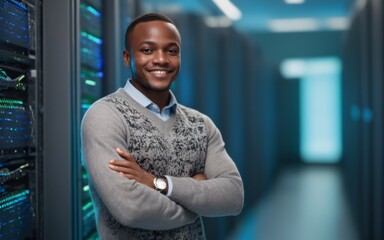 Fototapeta premium Young African-American man proudly posing in server room filled