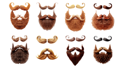 "Collection of colorful beard and mustache styles displayed in a playful arrangement. A vibrant and quirky assortment of different beard and mustache designs, offering a creative visual representation