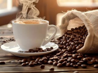 taza de caf&eacute; sobre mesa r&uacute;stica y granos de caf&eacute;