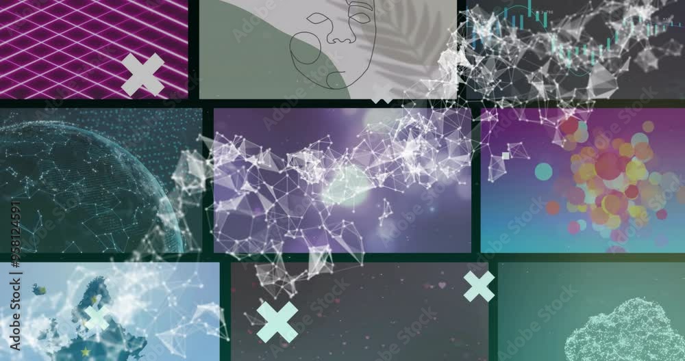 Poster digital network connections and data processing over various abstract animations