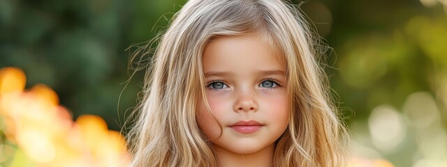  A serious-looking little girl with long blonde hair and blue eyes gazes into the camera