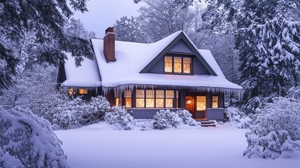 Wooden cottage nestled in snowy forest, with towering trees and a frozen landscape
