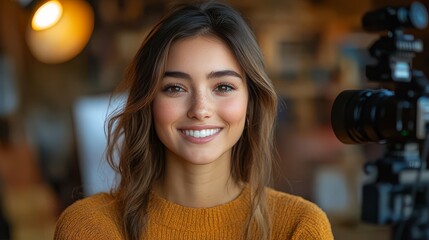 Influencer smiling while filming a vlog in a modern home studio with professional lighting