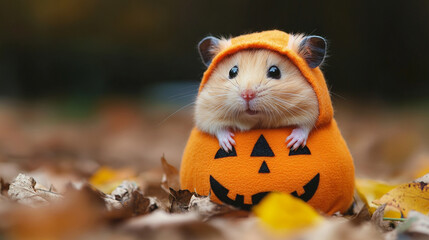 Hamster wearing halloween costume in copyspace background. Halloween concept. Lovely pet concept.