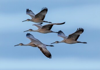 Obraz premium A Stunning Display of Birds in Flight Against a Blue Sky