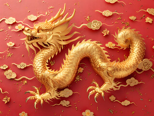 Fototapeta premium Golden Dragon on red background 