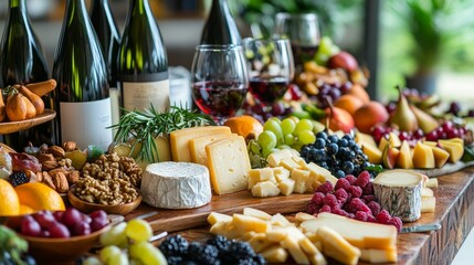 Fototapeta premium appetizer bar. Cheese assortment board accompanied by wine, almonds, and tropical fruits. Table for a family celebration. distinct fruits and cheeses. 