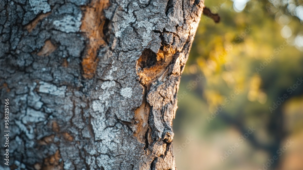 Poster Close-up of a Tree Trunk with Rough Bark and White Patches