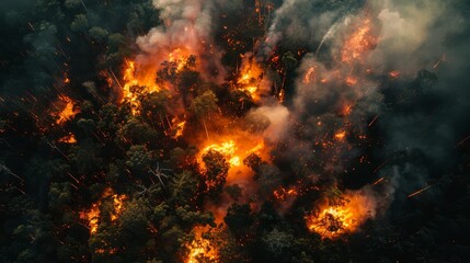 Fototapeta premium laser is burning the forest, monkeys in the forest are burning, laser is burning monkeys from above, burning monkeys, fire, satellite view from above, view from a drone