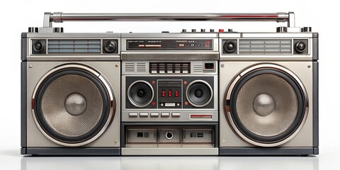 Fototapeta premium The nostalgic relic of the 1980s comes alive in this vintage boombox photograph, its retro aesthetic evoking memories of mixtape trading and endless tapes.