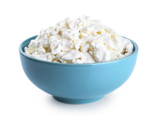 Cottage cheese in a bowl isolated on white background. With clipping path.