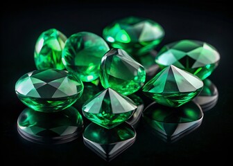 Fototapeta premium Emerald green gems glimmer on a sleek black surface, their polished facets reflecting the light with vibrant intensity.