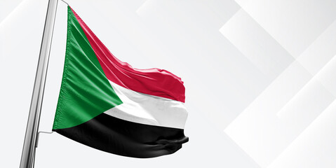 Sudan national flag cloth fabric waving on beautiful White Square Background.