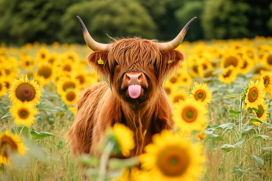 A highland cow with huge horns standing in a sunflowers field.