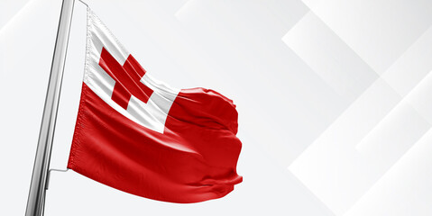 Tonga national flag cloth fabric waving on beautiful White Square Background.