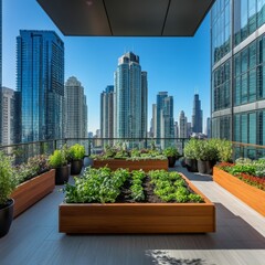 Fototapeta premium 5 - Urban rooftop garden with diverse crops and lush green vegetables, raised planter boxes, city skyline in the background, leafy greens, modern buildings, sunny day, clear sky