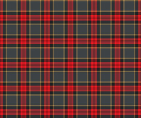 Plaid fabric pattern, black, red, yellow, seamless for textile and design clothes skirt pants apron tablecloth blanket or decoration. Vector illustration.