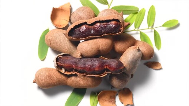 Tamarind fruit isolated on white background. Tamarind tropical pods with leaves rotating. Fresh Tamarind pods with leaves (Tamarindus indica, Indian date), healthy vegan food close up, from above. 