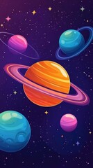 Naklejka premium The illustration shows planets and stars floating in the dark sky, ideal for educational materials, children's books, posters, and cosmic-themed designs.