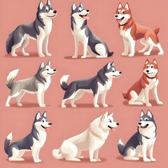 Cartoon Huskies of Various Breeds on Dusty Rose Background