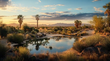Obraz premium Serene Desert Oasis: A Tranquil Landscape at Sunset